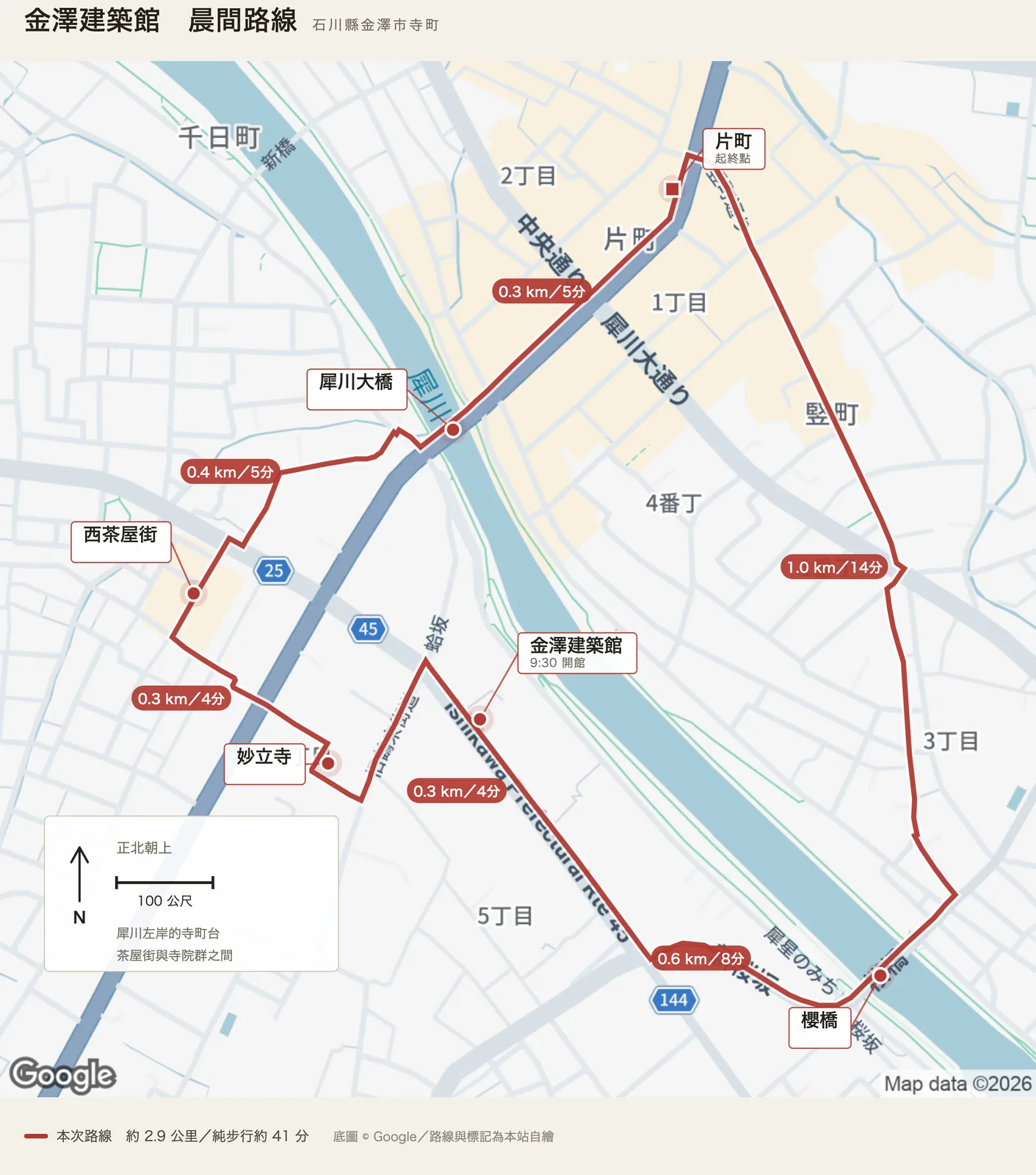 金澤建築館晨間路線圖，自片町出發，經犀川大橋、西茶屋街、妙立寺、金澤建築館、櫻橋後返回片町