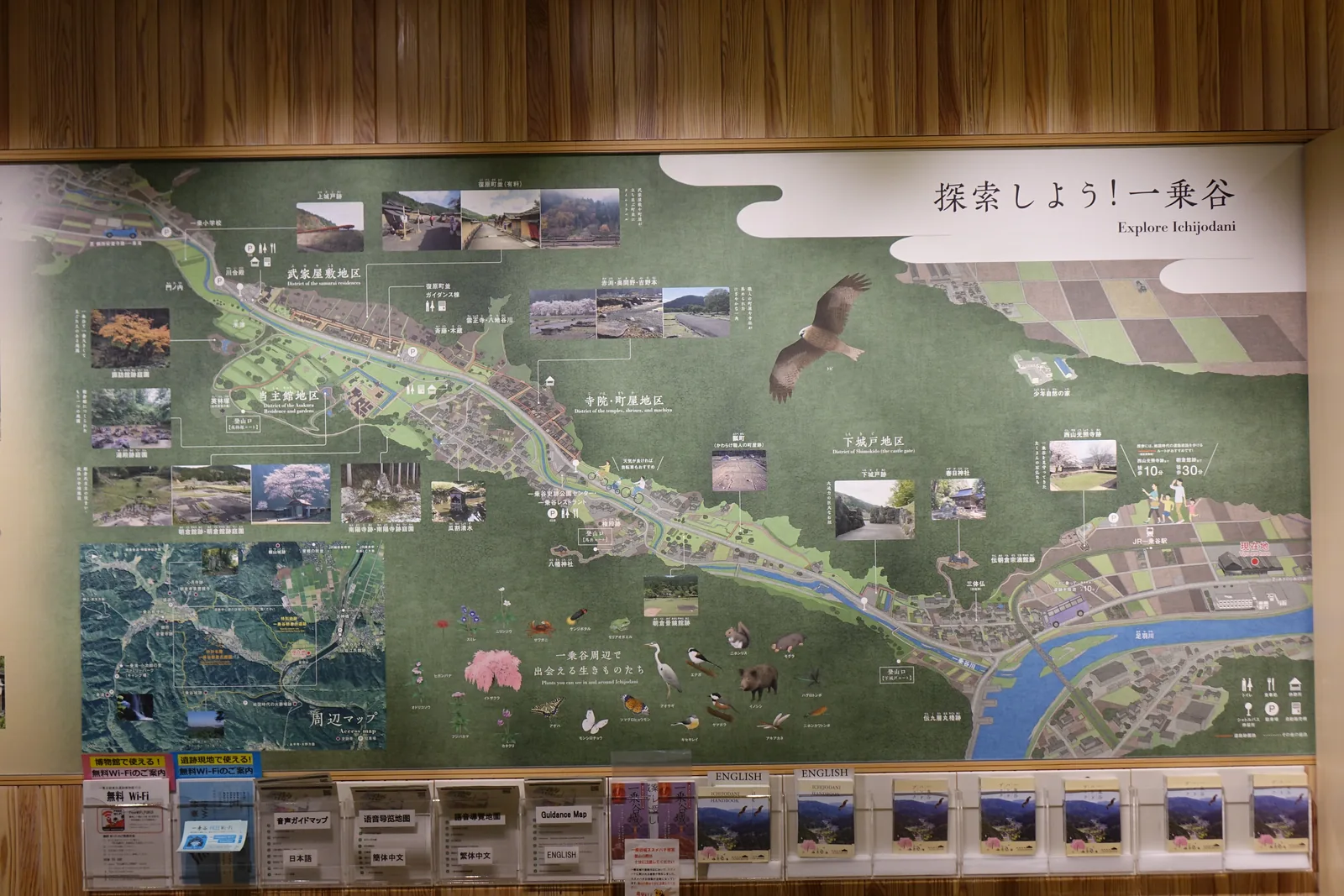 一樓大廳的一面牆，牆上是一幅以綠色為底的遺跡周邊導覽圖，圖上標著河川、道路與各處遺構的照片，下方是一排放著摺頁的架子，牆面是直拼的杉木板