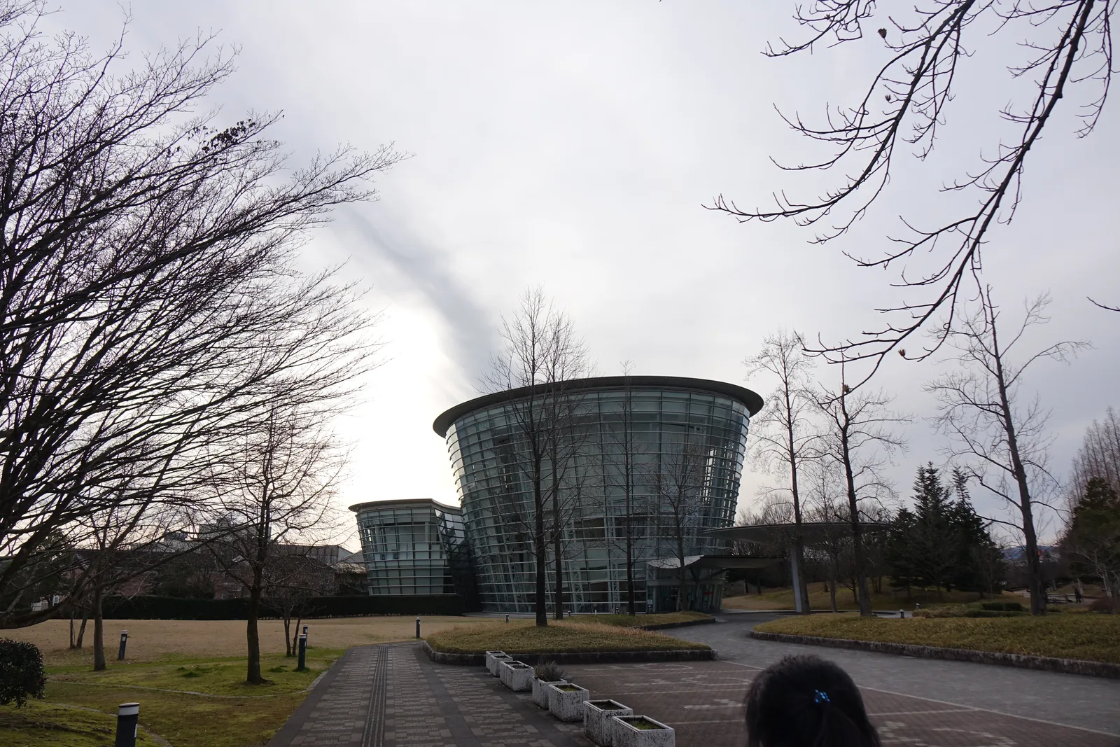 自公園的園路望向美術館，前景是鋪著石板的園路與兩側的草地、落葉的樹，園路的盡頭是一大一小兩座玻璃圓筒，背後是陰天