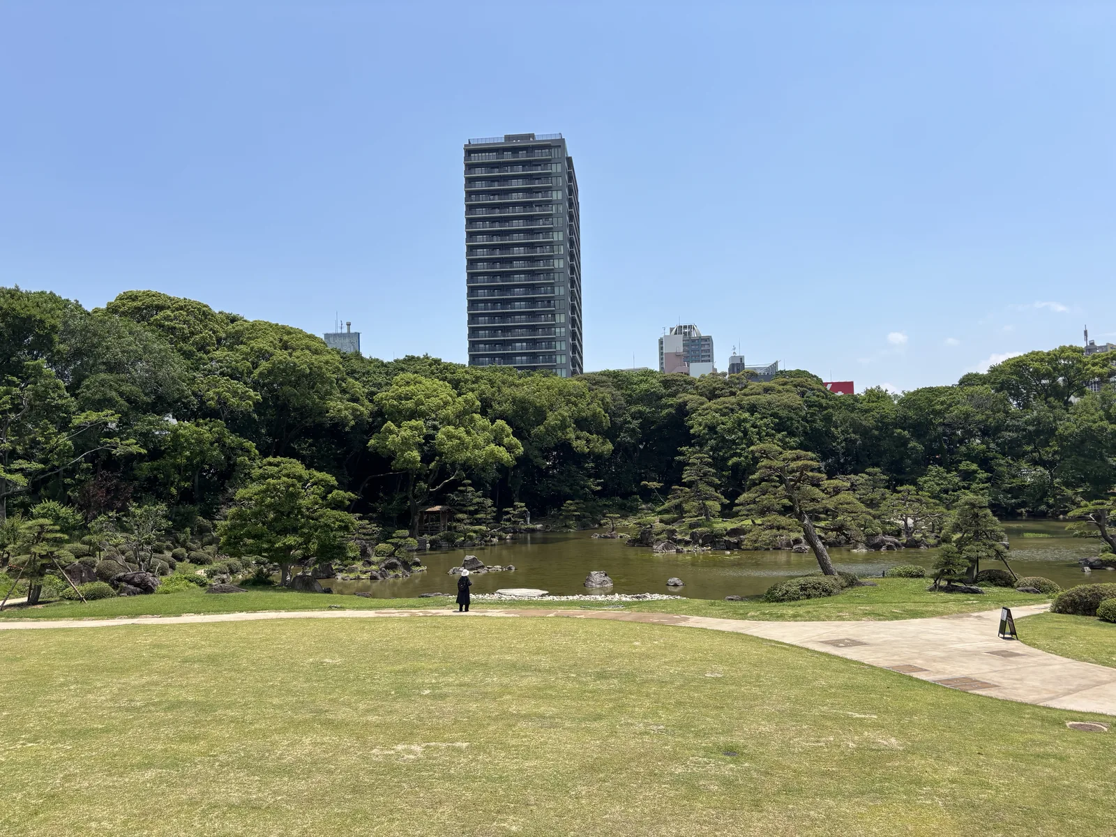慶澤園的景色，前景是草地與園路，中央是一座水池與修剪過的松樹，池的對岸是茂密的樹林，樹林之上露出一棟高層住宅