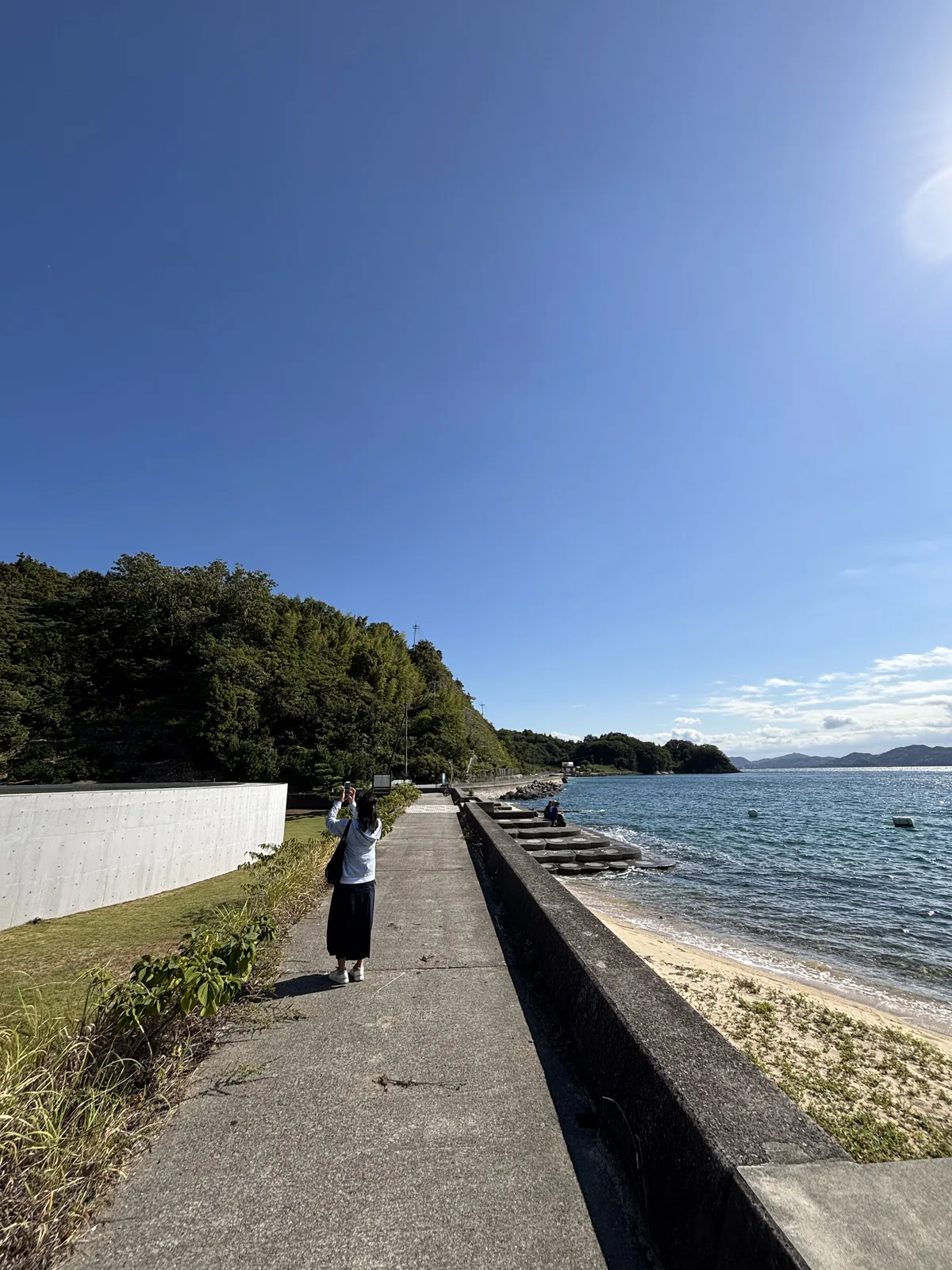 沿著護岸延伸的混凝土步道，左側是白色的圍牆與草地，右側是低矮的護岸與沙灘，遠處是海灣與對岸的小島，一位同行者在步道上行走