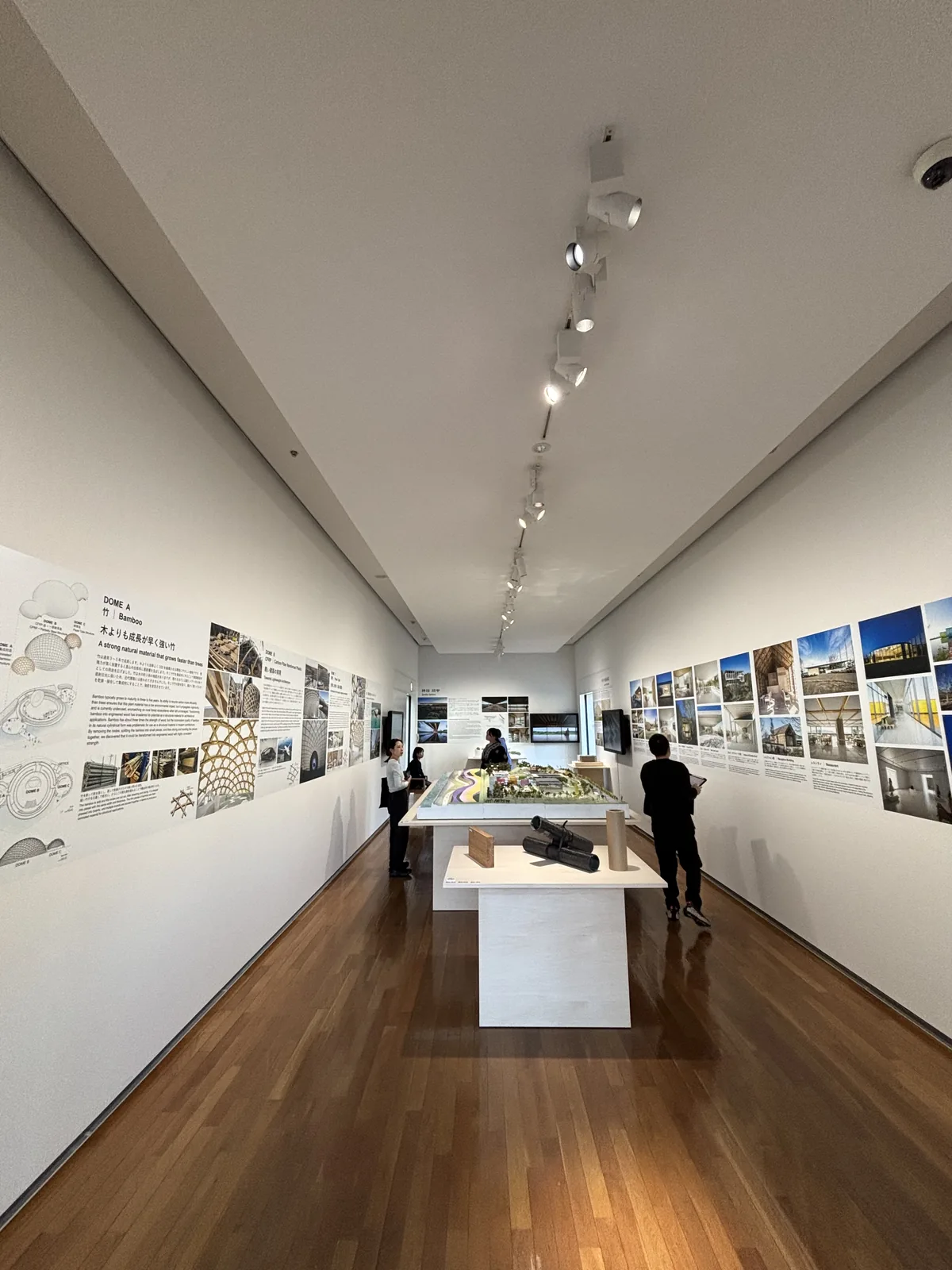 新館的展示室內部，長條形的白色房間，地面是深色的木質地板，兩側牆上貼滿建築的照片與圖面，天花中央是一列軌道照明，房間中央有一座白色的展示台，遠端的牆上是另一面展示