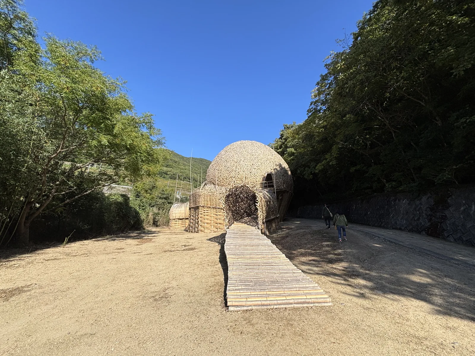 從谷底的空地回望作品，一條竹管棧道向前延伸到竹編的穹頂，穹頂之下是竹編的入口，周圍是砂土的空地與兩側的樹林
