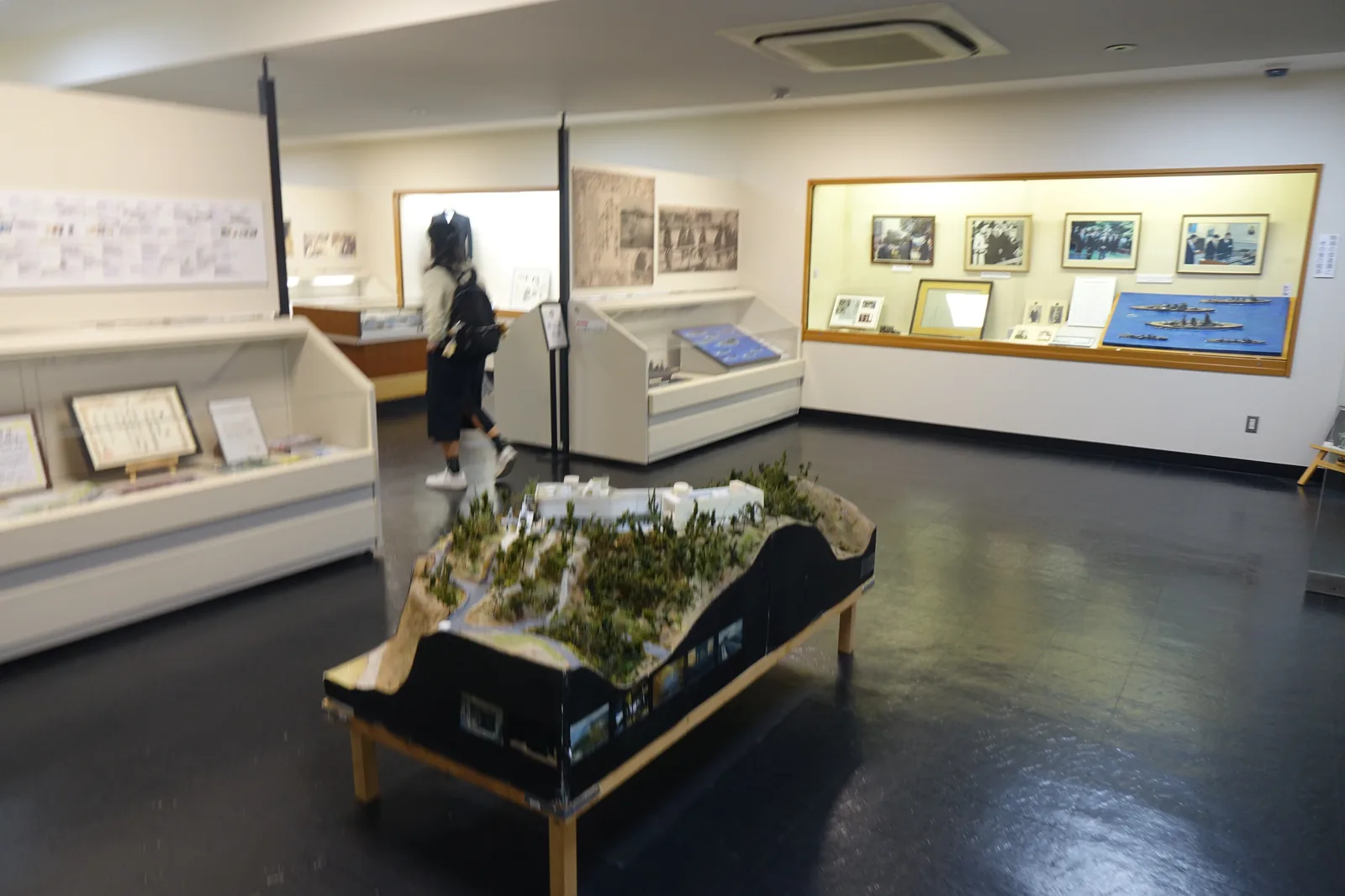 一間陳列番所山地形模型的展示室，中央的台座上是覆滿模型樹的山形模型，四周是白色的展示櫃與牆上的照片框，一位來館者正在參觀，地面是深色的