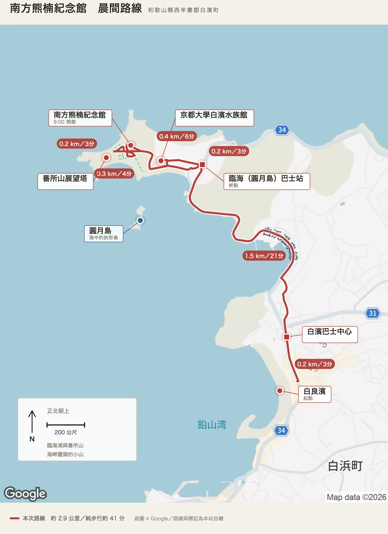 南方熊楠紀念館晨間路線圖，自白良濱出發，經白濱巴士中心、臨海巴士站、京都大學白濱水族館、番所山展望塔至南方熊楠紀念館，再回到臨海巴士站，圖中另標出海中的圓月島