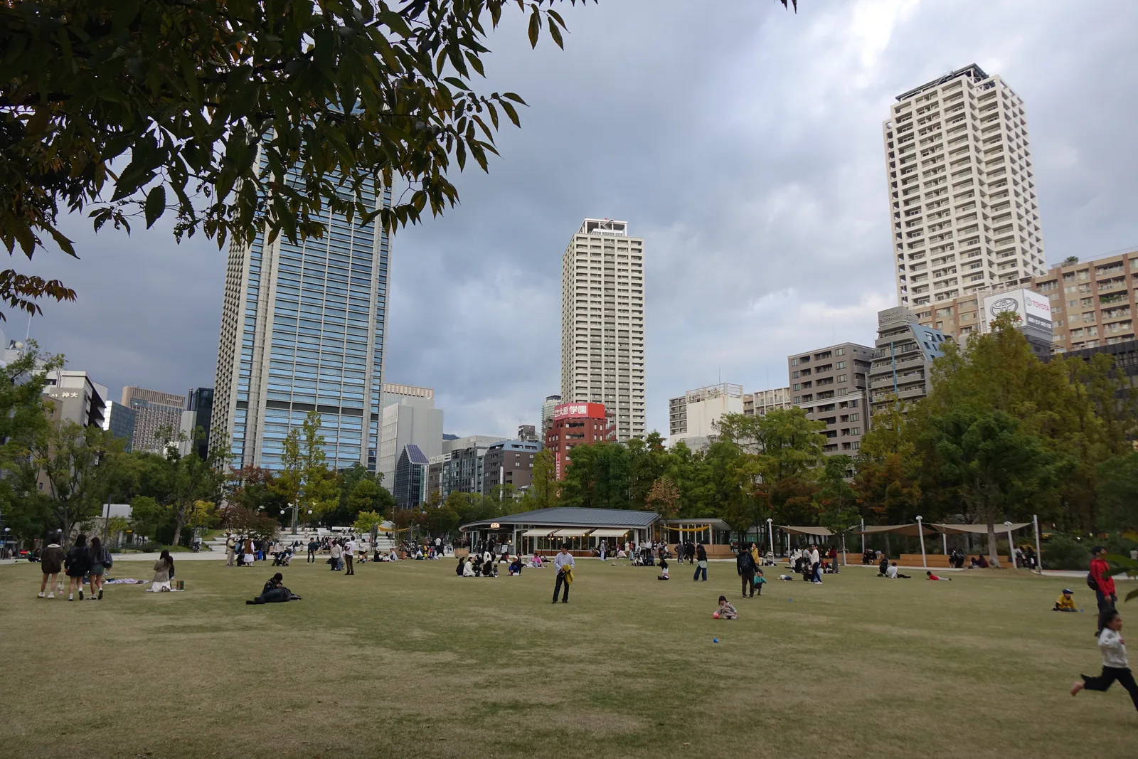 東遊園地的大片草坪，草坪上有許多遊人，遠處是一列低矮的帳篷屋頂建築與樹林，背景是數棟高層住宅與辦公大樓
