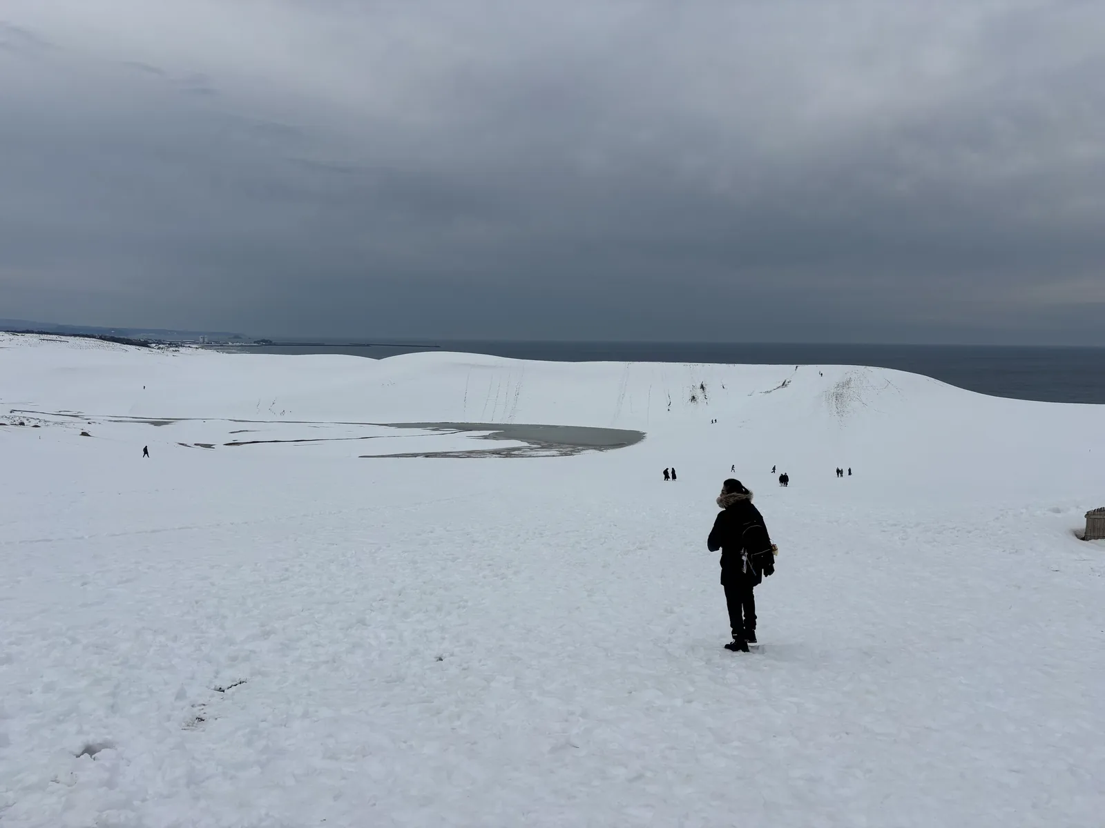 砂丘內，覆雪的平坦地面上一個人背向鏡頭行走，前方是隆起的白色稜線與散在稜線下的人群，遠景是灰色的海