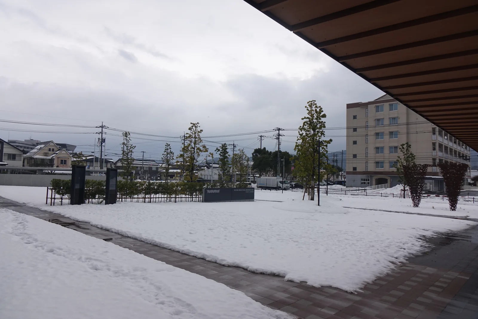 自美術館的簷下望入口前的廣場，覆雪的地面上種著幾棵細瘦的高木，旁邊是低矮的長椅與標示，遠景是電線桿與一棟多層的建築，畫面右上是木色的簷口
