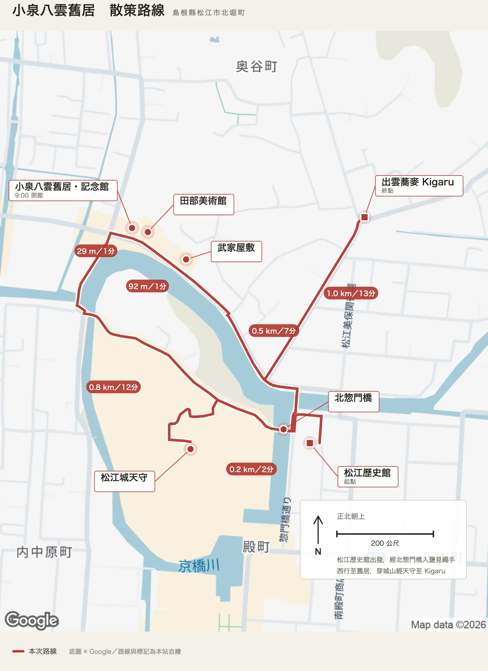 小泉八雲舊居散策路線圖，自松江歷史館出發，經北惣門橋進入鹽見繩手，向西經武家屋敷、田部美術館抵達小泉八雲舊居與記念館，再穿過城山經松江城天守，東行至出雲蕎麥店 Kigaru