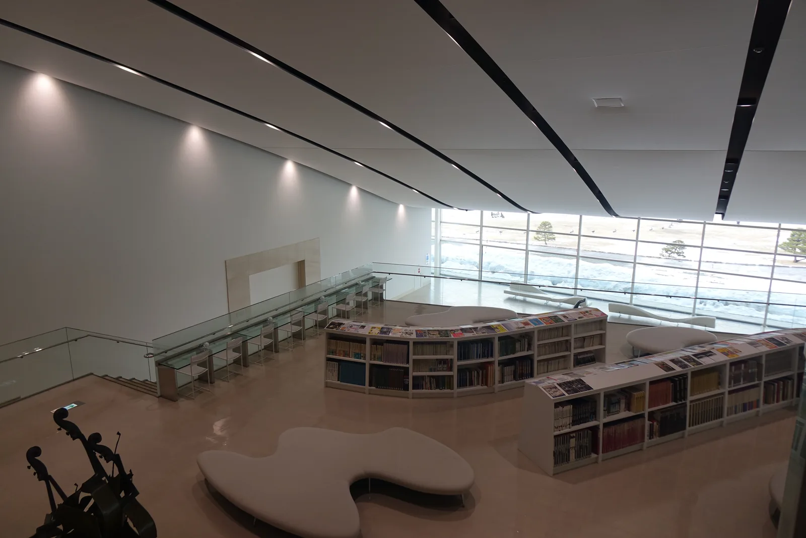 二樓 art library 的全景，弧形排列的低矮書架與白色曲線形長椅散置在地面上，左側是沿挑空的玻璃欄杆與閱覽桌，右側是落地玻璃與湖岸，天花上數道暗色的線條，左下角是一座雕塑的局部
