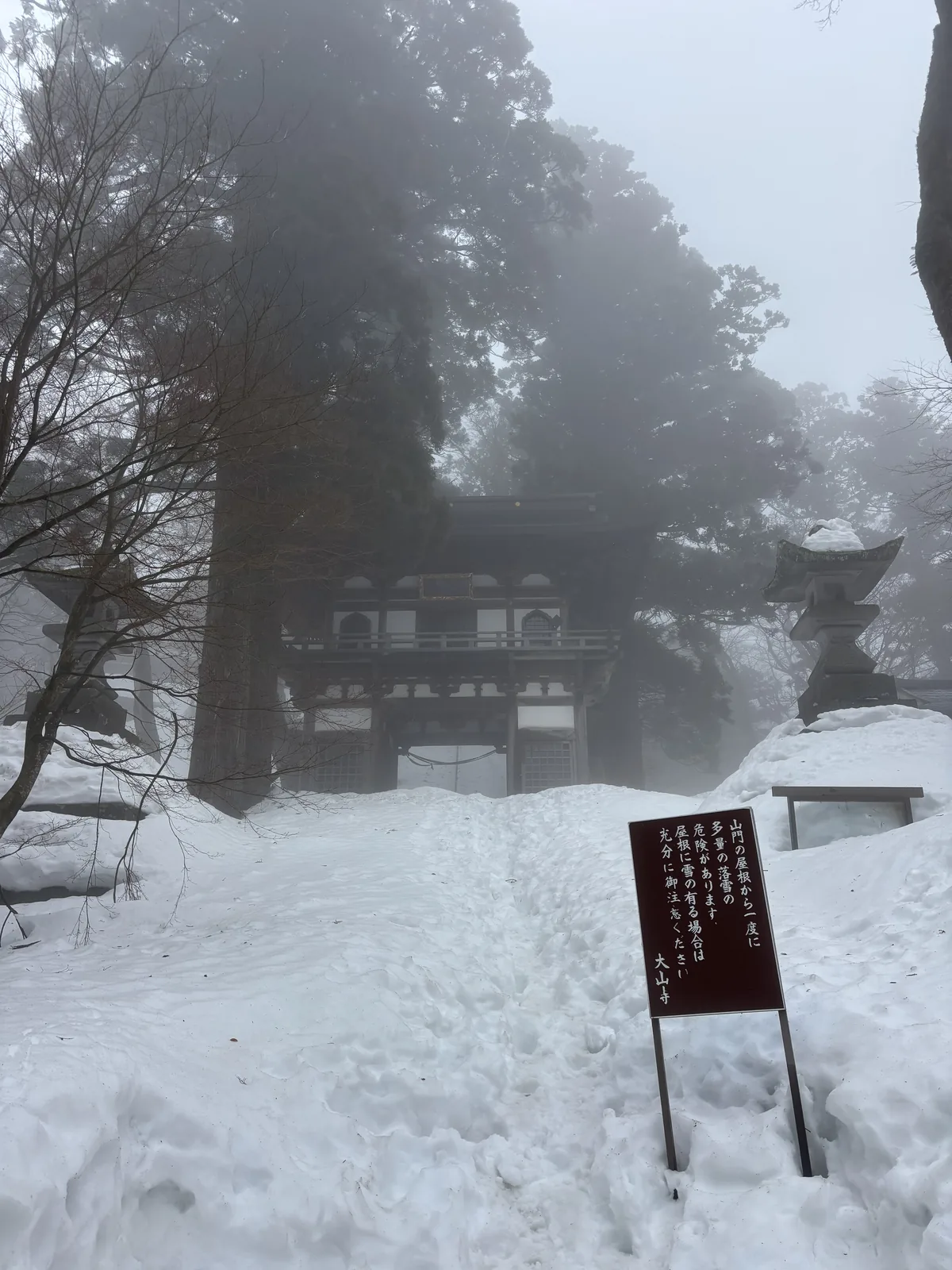 濃霧中的參道，地面覆蓋厚雪，兩側是落葉樹與常綠樹，盡頭是一座深色木造的門與一座石燈籠，右前方立著一塊深紅色的木製告示牌
