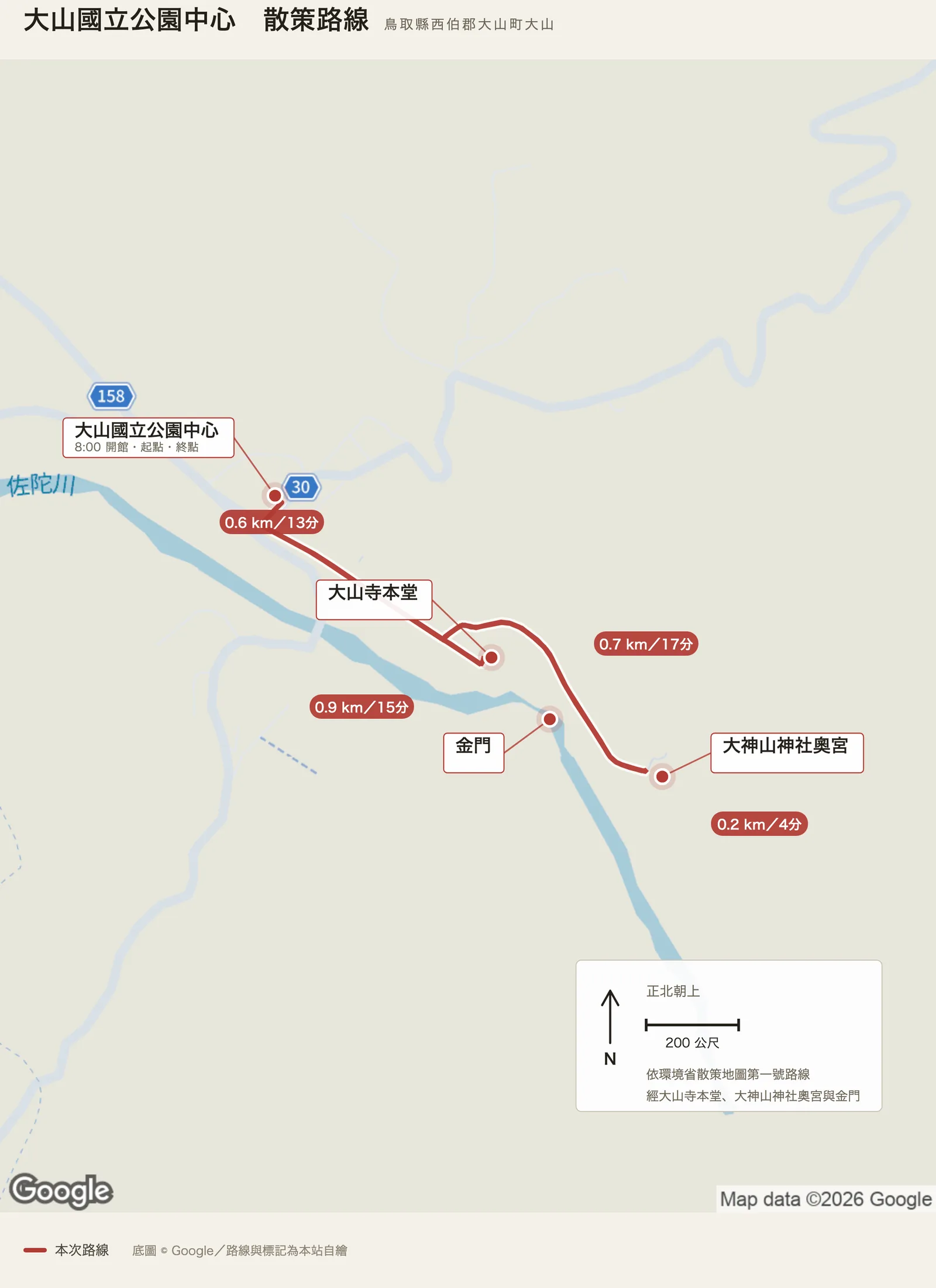大山國立公園中心散策路線圖，自國立公園中心出發，經大山寺本堂、大神山神社奧宮與金門，再回到國立公園中心