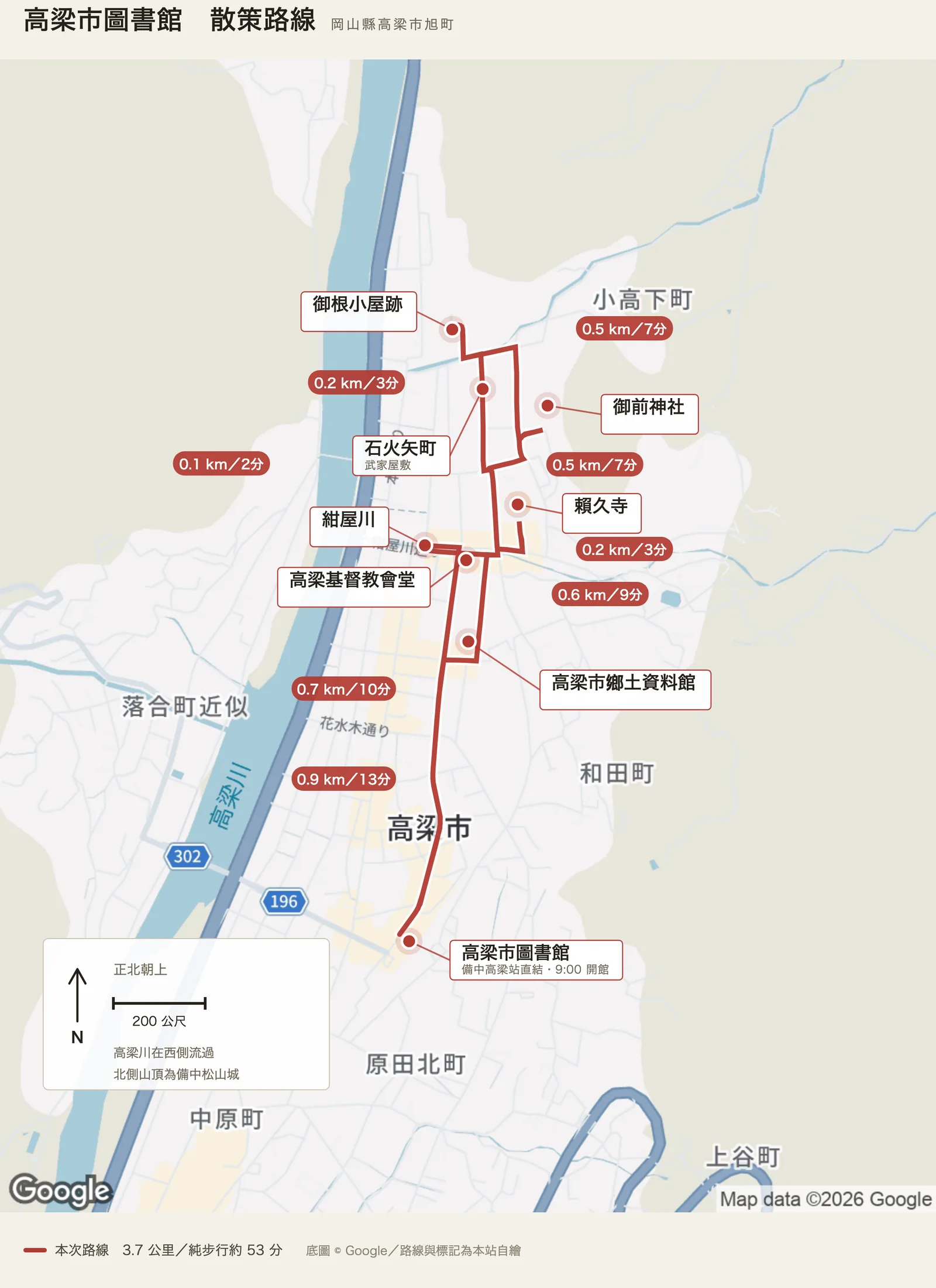 高梁市圖書館散策路線圖，自圖書館出發，經紺屋川、高梁基督教會堂、賴久寺、石火矢町、御根小屋跡、御前神社與高梁市鄉土資料館，回到圖書館