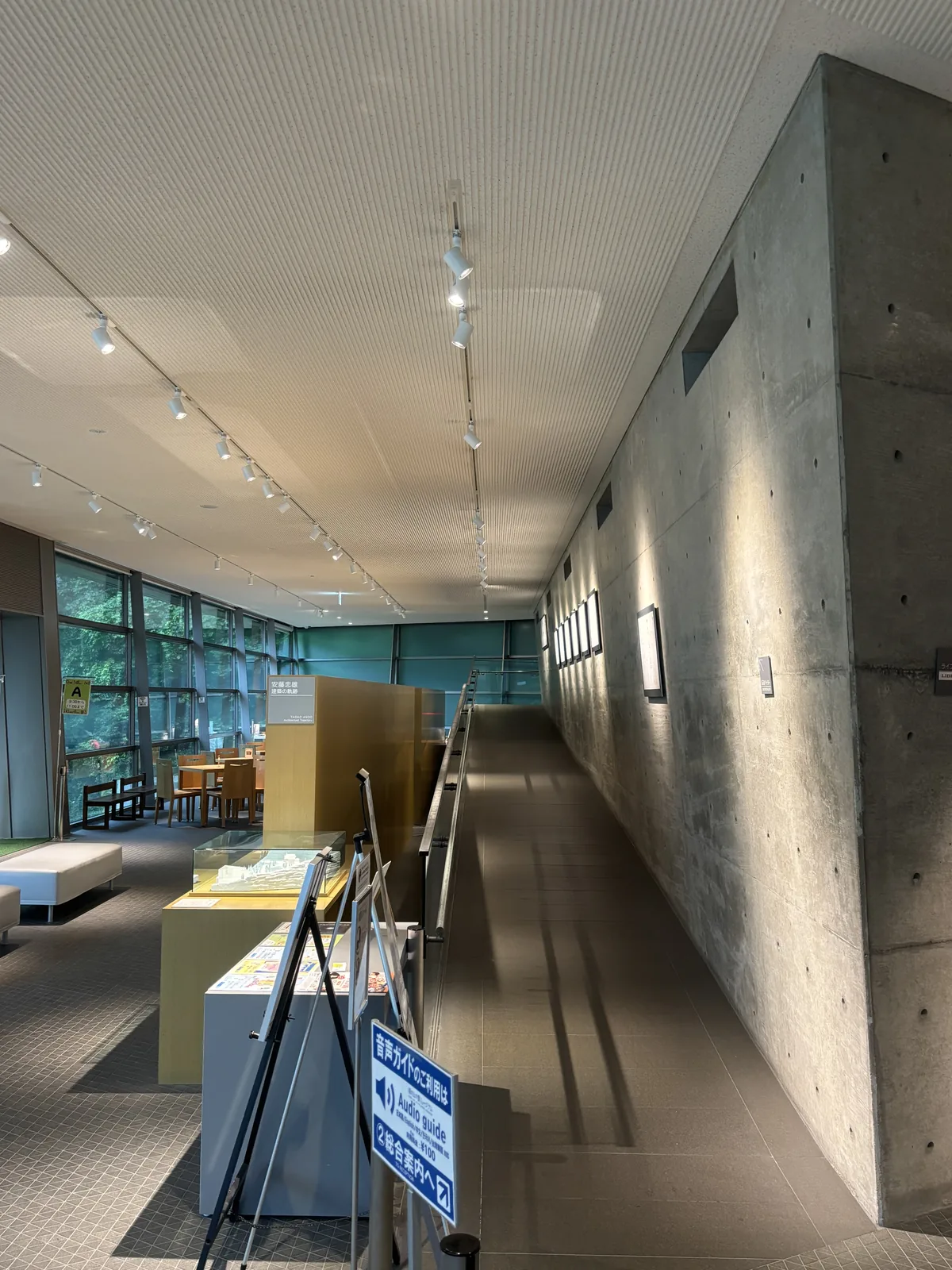 Museum 內沿清水混凝土牆上行的坡道，右側是高大的混凝土牆，牆上掛著幾件框裝的展示，左側是展示台與玻璃面，上方是白色天花與成列的投射燈