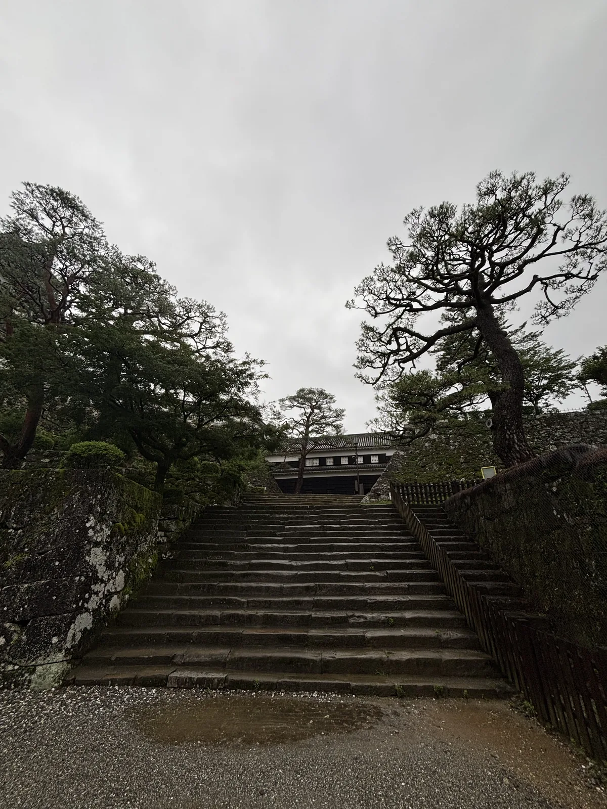 鐵門跡的石段，自前景的砂土地面向上延伸一道寬幅的石段，兩側是以自然石砌成的高石垣，左右上方是枝幹伸展的松樹，石段頂端可見一棟黑色的建築，天空是陰天