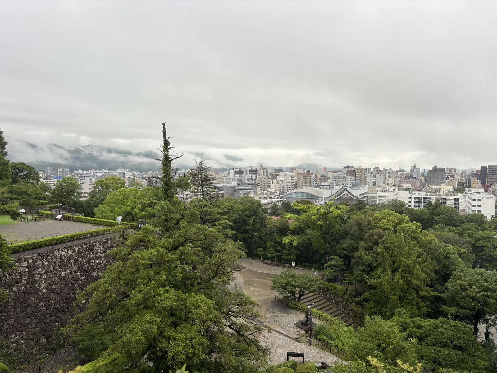 自城山的曲輪向東北俯看，前景是一株高聳的杉樹與石垣的頂端，中景是城山下的園地與樹林，遠方是高知的市街，天際線上覆蓋著低垂的雲層