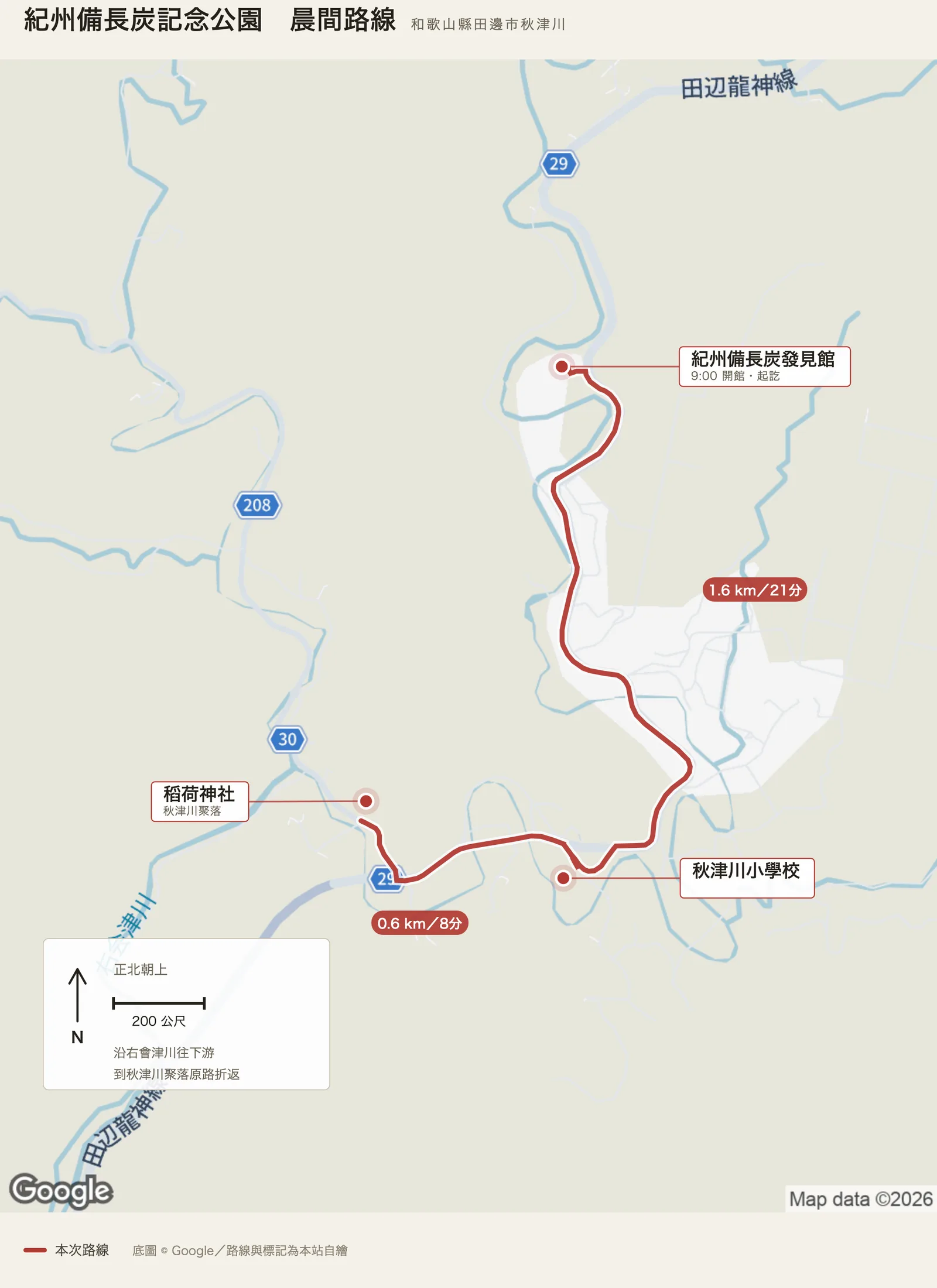 紀州備長炭記念公園晨間路線圖，自紀州備長炭發見館出發，沿右會津川往下游，經秋津川小學校到稻荷神社，原路折返