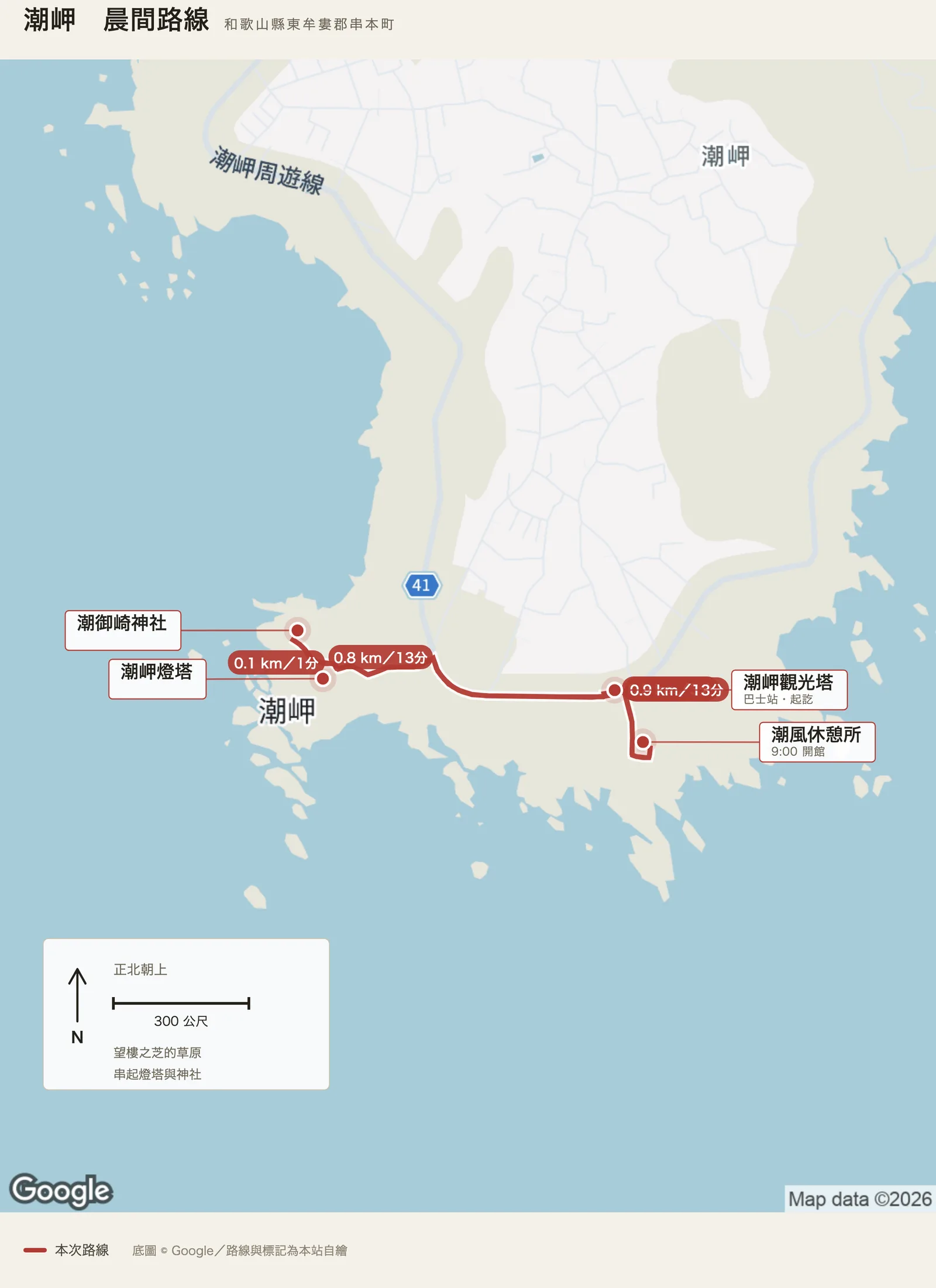 潮岬晨間路線圖，自潮岬觀光塔巴士站出發，經潮風休憩所，沿望樓之芝往西到潮岬燈塔與潮御崎神社，再回到觀光塔